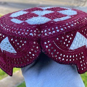 Handmade Hat Sindhi Men Cultural Topi Cap Maroon/White Tome Round Embroidery Hat